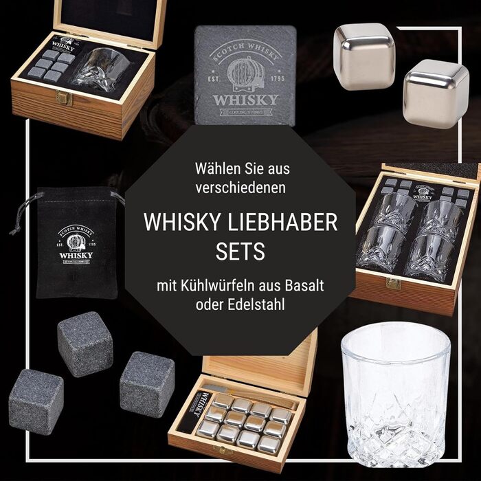 Набір Woma Whisky Stones 8 базальтових кубиків, 4 келихи, дерев'яна шкатулка, оксамитовий мішечок для віскі та коктейлів