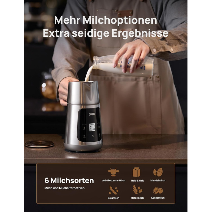 Dreo автоматичний спінювач молока All-in-1, 800 мл, срібний. Спінювач для лате-арту, гарячих та холодних напоїв, 30+ рецептів, для миття в посудомийній машині