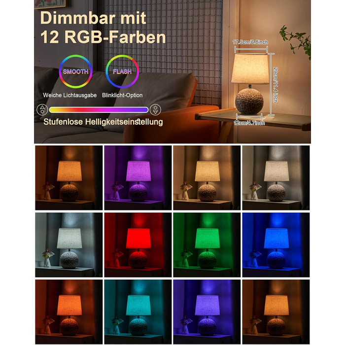 EGOBASIC LED-лампа настільна керамічна акумуляторна з пультом, бездротова, з таймером, регульована яскравість, 12 кольорів RGB, для вітальні, спальні, їдальні (вінтажний цоколь)