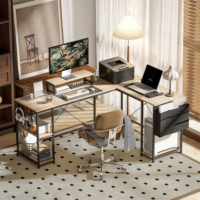 Кутовий письмовий стіл, багатофункціональний офісний стіл з регульованими полицями, кишенею для зберігання та підставкою для монітора, натуральне дерево