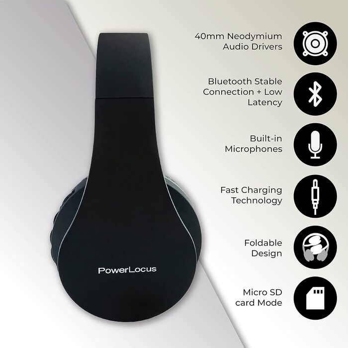 Накладні навушники PowerLocus Bluetooth, HiFi стерео, складні, з мікрофоном, FM, SD/TF, Чорний