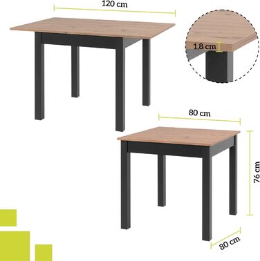 Розсувний обідній стіл Smart 80x80 см, Asteiche, для кухні, розтягується до 120 см, з висувною платформою, на 6 осіб
