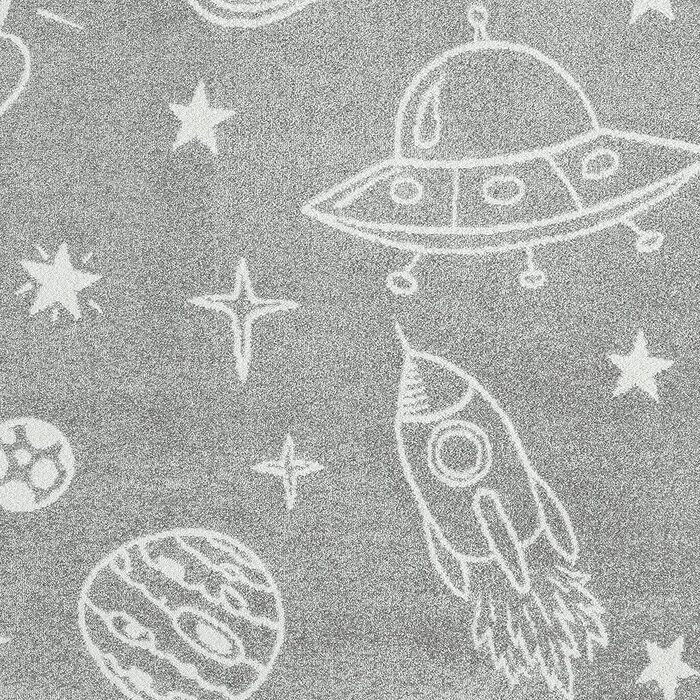 Килим Dream Grey космічний ігровий килимок з білими космічними кораблями і планетами для пригод в дитячій кімнаті розмір 160 х 220 см