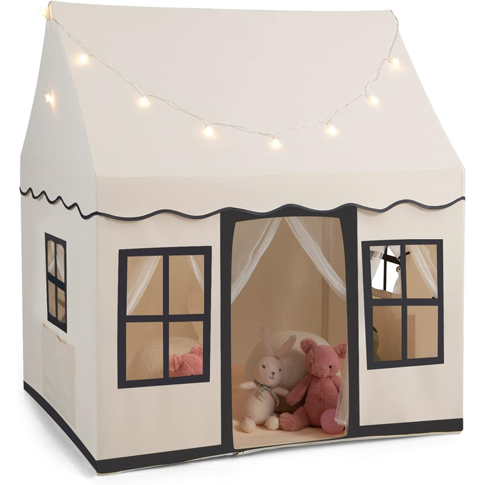 Дитячий намет DREAMADE з гірляндою та килимком, намет Тіпі, дитячий будиночок з вікнами, намет для хлопчиків та дівчаток, для дому та вулиці (Бежевий + Чорний)