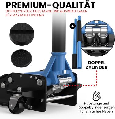 Гідравлічний домкрат 3T низькопрофільний 75-505мм з гумовими накладками для легкових авто та SUV – професійний, на колесах 360° (блакитний)