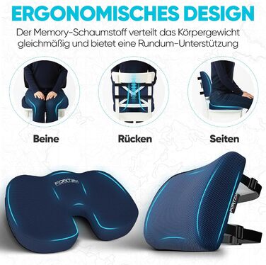 Подушка для сидіння та підтримки попереку FORTEM XL - м'яка, з memory foam, для офісного крісла, авто, геймінгу. Великий розмір, синій сітчастий матеріал