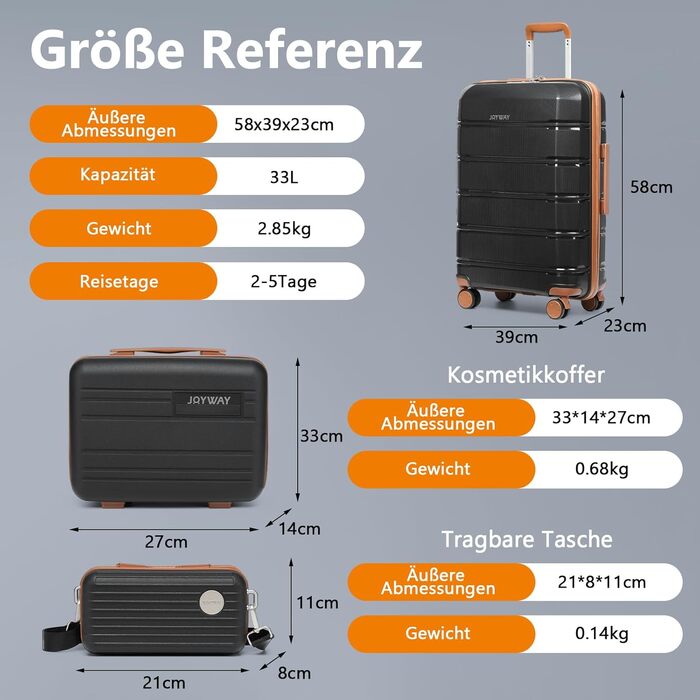 Набір валіз Joyway 5шт з жорстким корпусом, 4 колеса та TSA-замок. Включає косметичку та сумку. (Чорний/Коричневий, ручна валіза 3шт)