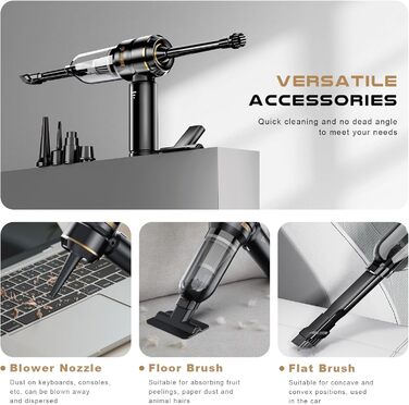 Акумуляторний ручний пилосос KITBEZN 4-в-1 для авто та дому, бездротовий міні-пилосос з безщітковим двигуном, потужність 26000Па, 3 режими роботи, чорний