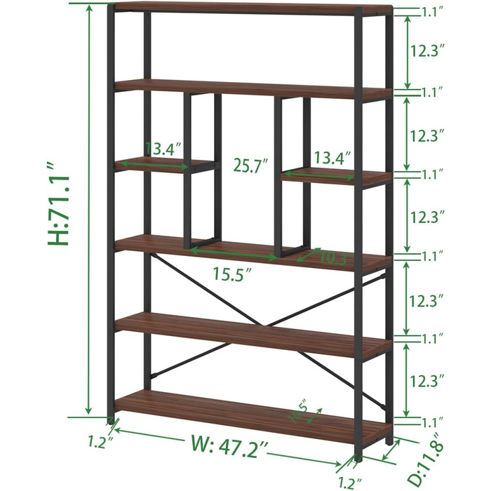 Стелаж LVB з 6 полицями для вітальні, офісу, кухні. Стелаж-стінка з дерева, горіх, 180 см