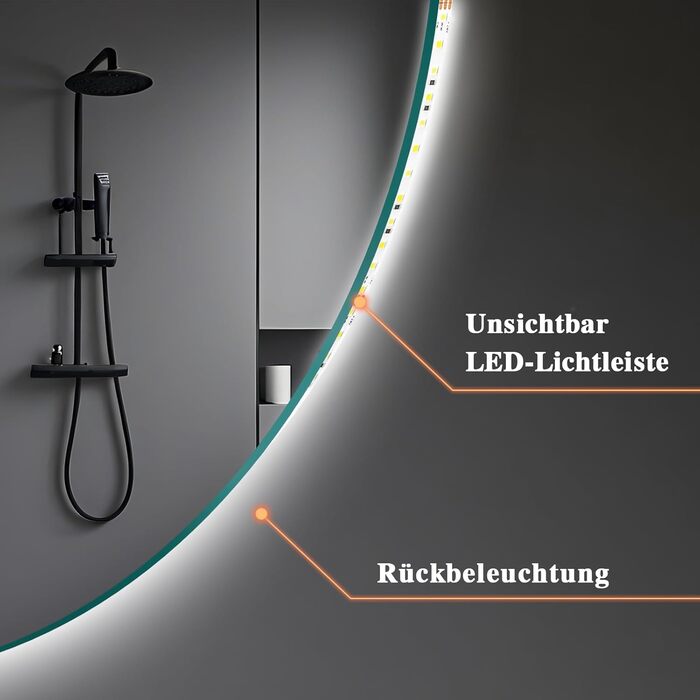 LED-дзеркало для ванної кімнати з підсвічуванням, кругле, 50 см, сенсорне управління, регулювання яскравості, функція пам'яті, HD скло, захист від вибуху, 3 кольори світла, 70x70 см