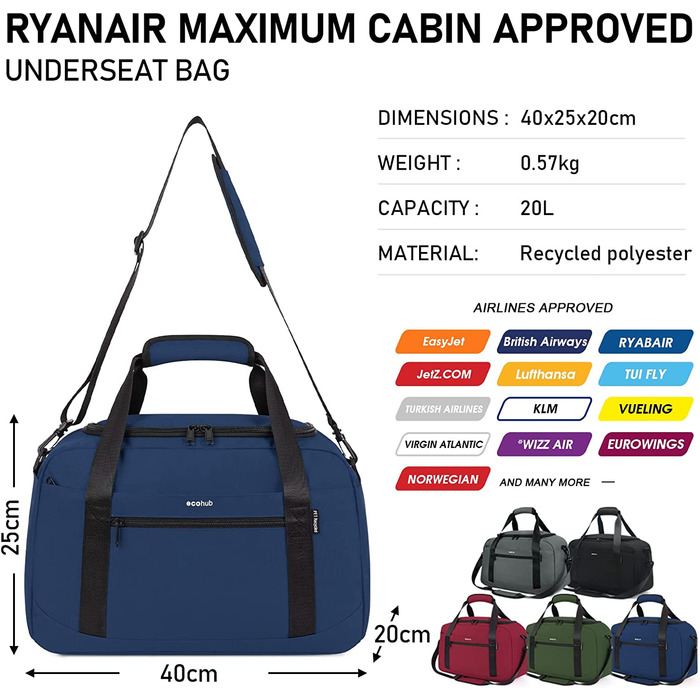 Ручна поклажа ECOHUB 40X20X25 для Ryanair Дорожня сумка сумка для літака під сидінням ручна поклажа валіза екологічно чиста Дорожня сумка з ПЕТ перероблена Дорожня сумка для жінок і чоловіків сумка для вихідних (синя)