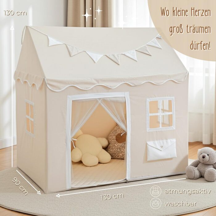 Дитячий будиночок LIONHERZ® DAS ORIGINAL з поштовою скринькою | Ігровий намет з килимком та гірляндою | Будиночок для дітей з 3 вікнами та щільним завісою | Намет для дитячої кімнати (кремово-білий)