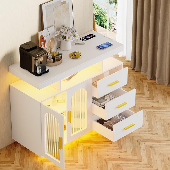 LED комод-тумба Gurexl з бездроговою зарядкою, RGB-підсвічуванням, сенсорами та регульованими полицями (80x40x100 см), білий