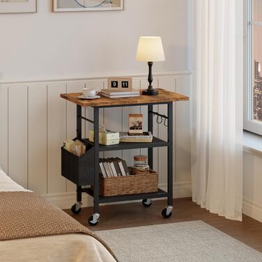 Трирівневий стіл для принтера з ящиком, контейнер на коліщатках, стійка для принтера, полиця для зберігання, в стилі індустріального лофту, з бічною кишенею, дерев'яна полиця, 2 S-гачки, для домашнього офісу, рустикально-коричневий та чорний, APTHR2501, 5