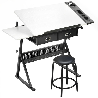 Регульований креслярський стіл з табуретом та шухлядами, білий