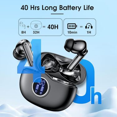 Навушники Bluetooth у вусі, LED, 40 годин, ENC, HiFi, IP7, Спорт/Робота, BT 5.3, Чорний