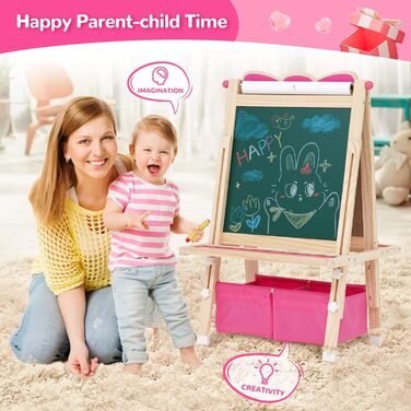 Дерев'яна мольберт Kinder Tafel з паперовою рулонкою, регульована висота, рожевий колір, двосторонній (whiteboard та дошка)