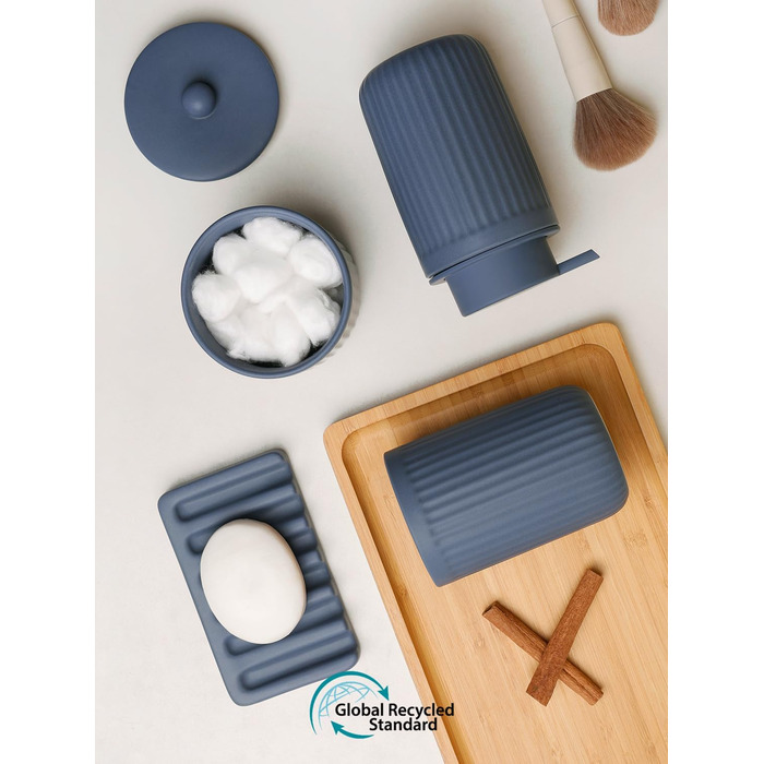 Набір для ванної кімнати блакитний, 4 шт. з кераміки: дозатор для мила 350 мл, стаканчик для зубної щітки, мильниця, контейнер для ватних паличок. Декоративний набір для раковини