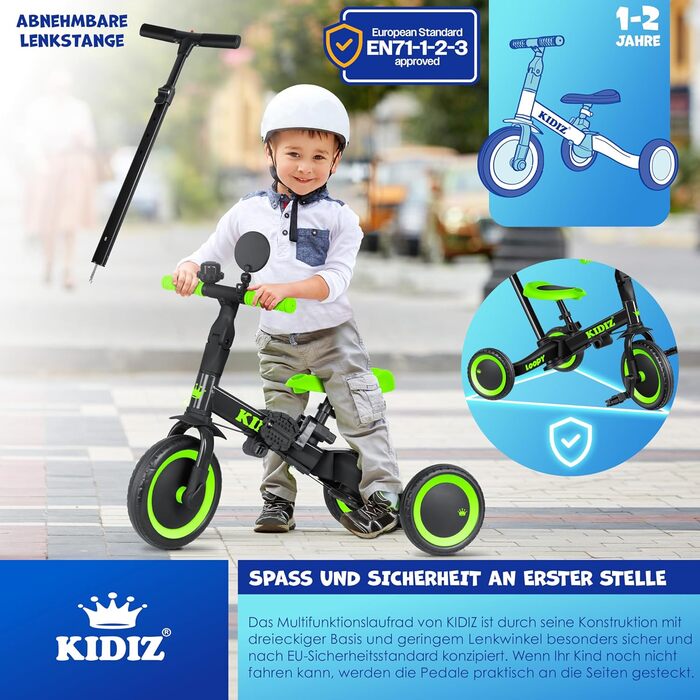 Біговел-триколіс KIDIZ 6-в-1 для дітей від 1 до 5 років (до 25 кг), чорний: з ручкою, захисним бампером, ременем безпеки, дзвінком та дзеркалом