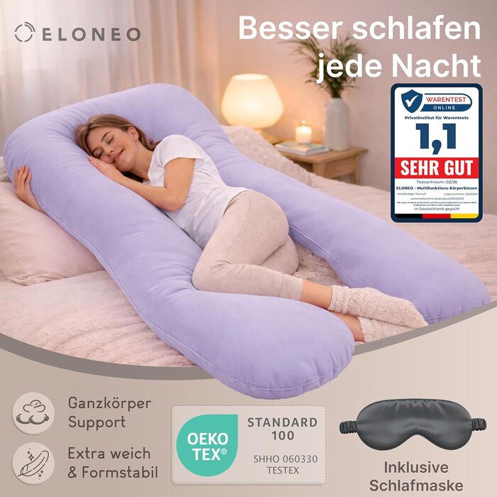 Подушка для вагітних ELONEO NEU для сну на боці, подушка для годування, XXL, фіолетова, знімний чохол, подушка для читання, пральна