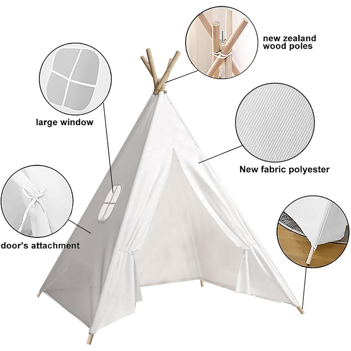Дитячий намет-типі Kindertipi Dacron 120x120x160 см з вікном, миється, для дитячої кімнати, 4-х стовпчиків, білий