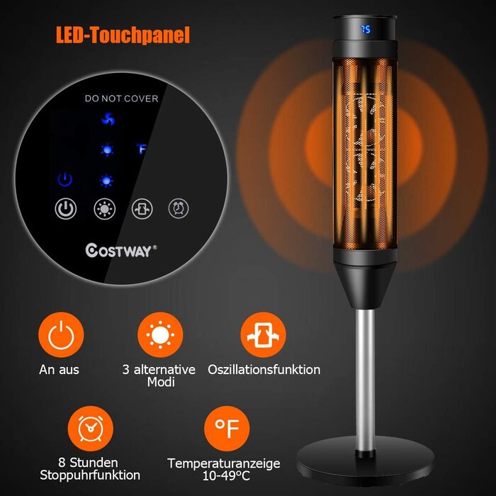 Електричний обігрівач керамічного тепловентилятора COSTWAY, таймер на 8 годин, 10-49 C, коливання 40 , 1200 Вт/2000 Вт, пульт дистанційного керування