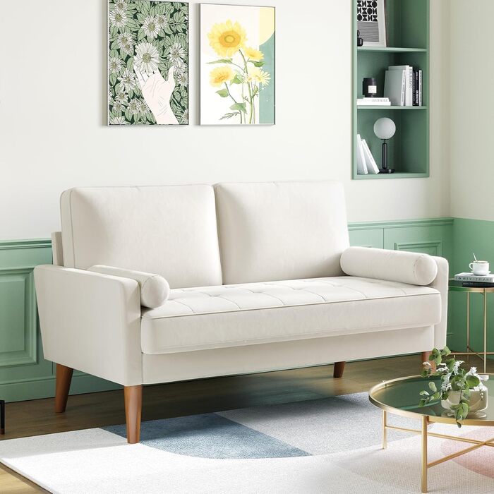 Диван Vesgantti 2-місний, 121 см, сучасний, з 2 подушками, білий, для вітальні/квартири/офісу