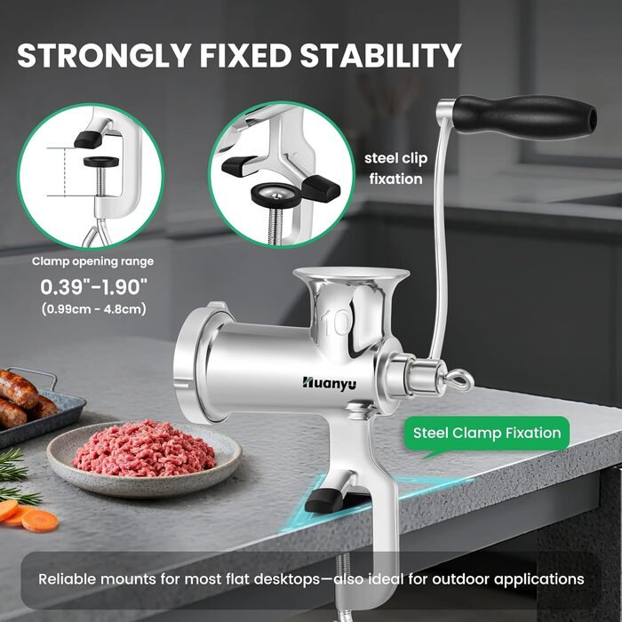 М'ясорубка ручна Huanyu з нержавіючої сталі та насадкою для ковбас, посудомийна, розмір 10