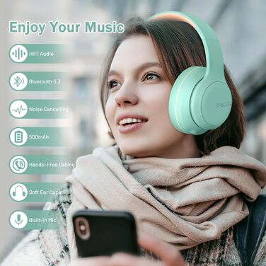 Накладні навушники IFECCO Bluetooth - бездротові, складні, HiFi стерео з мікрофоном (зелений)