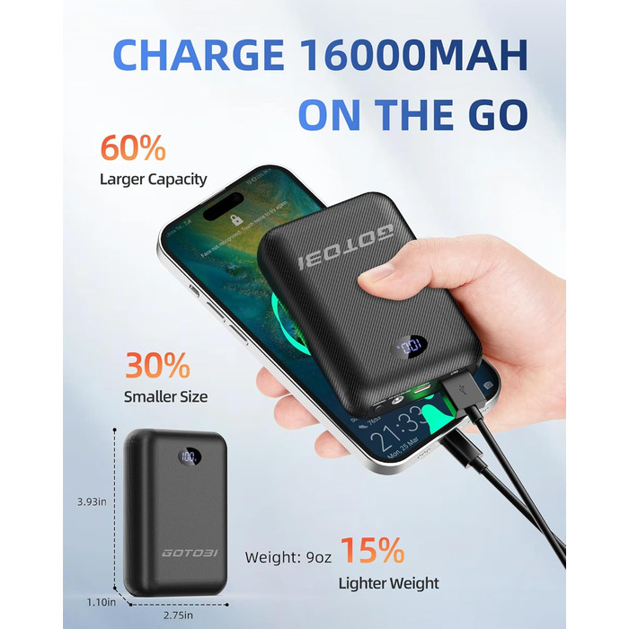 Акумулятор GOTOBI 16000 мАг для жилета з підігрівом - Power Bank 7.4V/5V зі світлодіодним дисплеєм, вихід DC/USB/Type-C