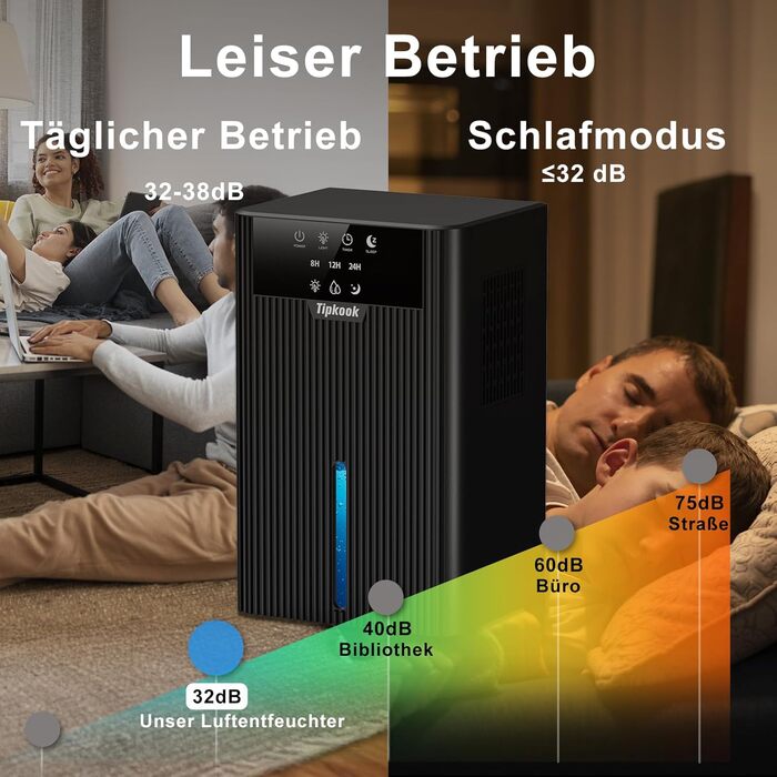 Електричний осушувач повітря Tipkook 2400 мл з автоматичним розморожуванням, 10 кольорів підсвічування, таймер 8/12/24 год, 35 дБ, портативний для ванної, спальні, кухні, шафи (новий, чорний)