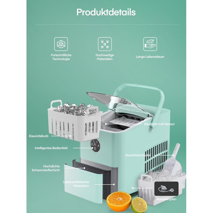 Льодогенератор FOHERE 14 кг/добу, швидке виробництво льоду (5 хв), 2 розміри кулеподібного льоду, самоочищення, м'ятний колір