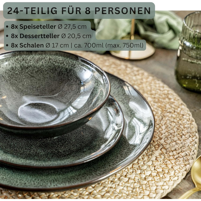 Набір посуду SÄNGER Teller Set Kopenhagen 24 шт. з кераміки для 8 осіб, сервіз включає тарілки для їжі, сніданку та супу, набір тарілок для обіду, стійкий до миття в посудомийній машині, зелений, сірий | PREMIUM COLLECTION 24 шт.