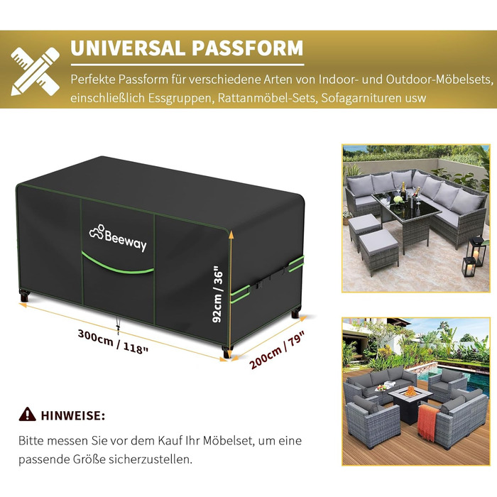 Чохол для садово-патіо меблів BEEWAY V2.0 300x200x92cm, водонепроникний, анти-UV, чорний