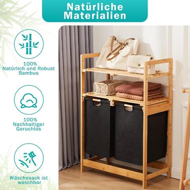 Кошик для білизни Youdenova з бамбукового каркасу, 2 відділення, 2 мішки для білизни, 93x64x33 см, 70 л, чорний