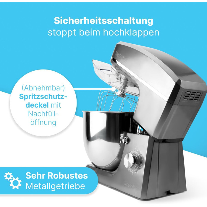 Кухонна машина Clatronic® XXL з великою чашею 10л, потужний 1500W двигун, для замішування та збивання тіста, з кришкою та отвором для підсипання інгредієнтів, модель KM 3765 (Titan)