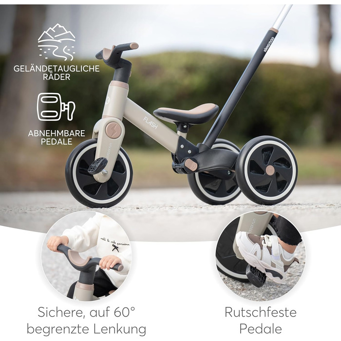 KikkaBoo Flash 5-в-1: Триколісний велосипед-каталка для дітей від 18 місяців, бежевий. З регульованою ручкою, EVA колеса, сталевий каркас.