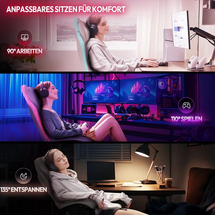 Ігровий крісло Dowinx з RGB підсвічуванням, LED, з підніжкою, для дорослих, ергономічний, з масажем попереку, з PU шкіри, білий