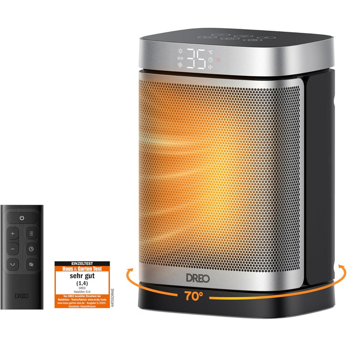 Електричний обігрівач Dreo з термостатом, 1500W, керамічний, тихий, з осциляцією, ECO-режим, таймер 12 годин, захист від перегріву та перекидання, срібний