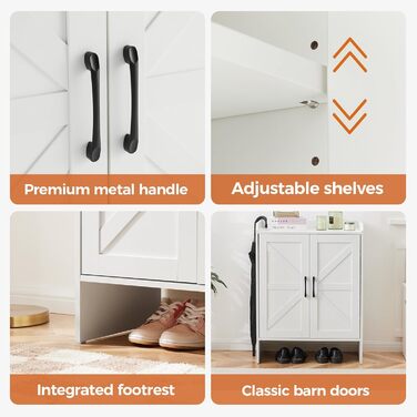 Шафа для взуття 5-ярусна в стилі фермерського дому з 2 дверцятами, самостійна шафа для взуття з регульованою полицею та металевими кутовими прикрасами для передпокою та коридору, біла