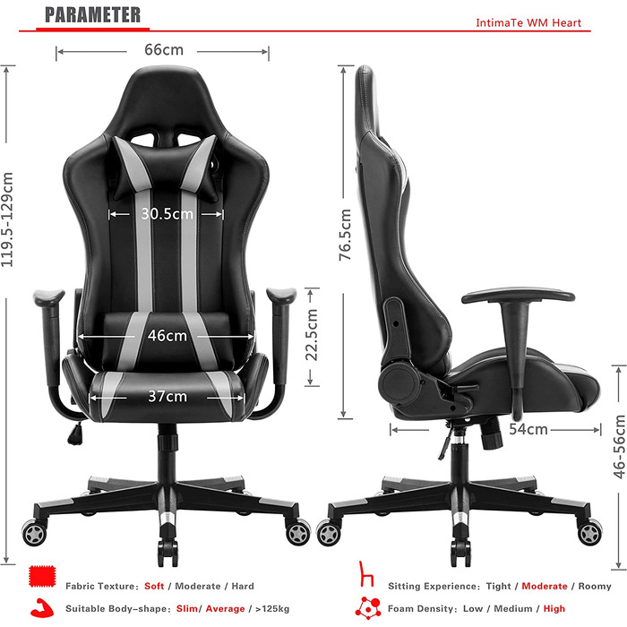 Крісло для інтимного WM Heart Gaming Ergonomic з підголівником, поперековою подушкою, регулюванням висоти, функцією гойдалки (сірий)