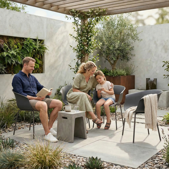 Набір садових стільців (4 шт.) з ергономічною спинкою, для балкона, з вирізами, підлокітниками, стійкі до погодних умов та іржі, темно-сірого кольору