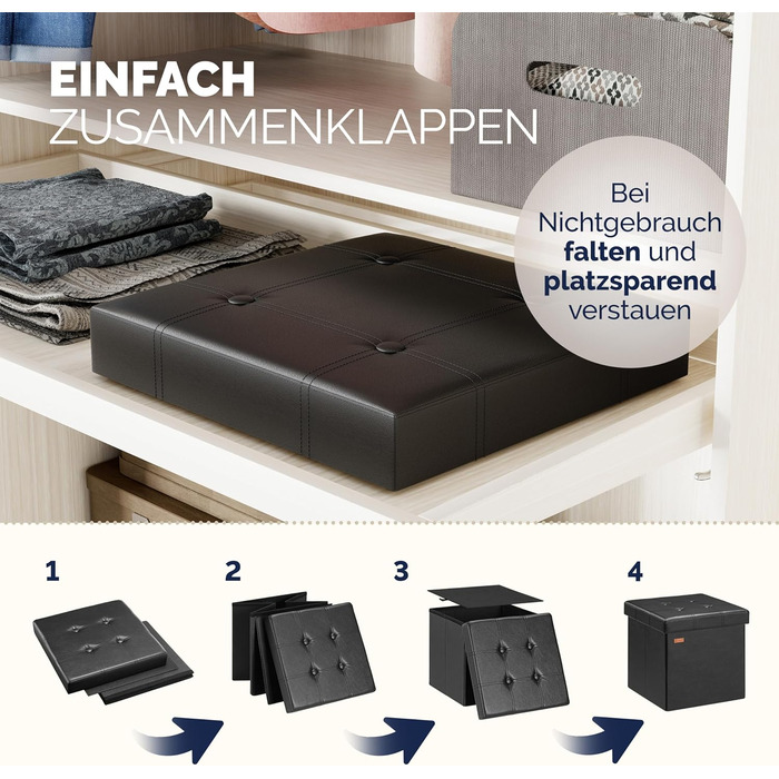 Пуф Casaria® з місцем для зберігання, білий, складний, з кришкою, штучна шкіра, м'який, 38x38 см, для спальні, вітальні, передпокою, білий (2, чорний)