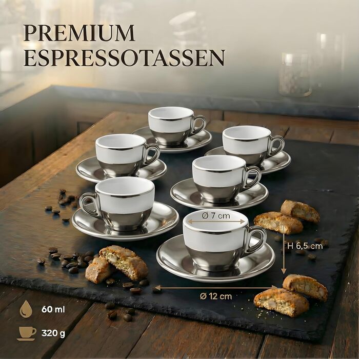 Набір кавових чашок Капучіно 6 шт. з підставками, білі, італійський стиль, 60 мл