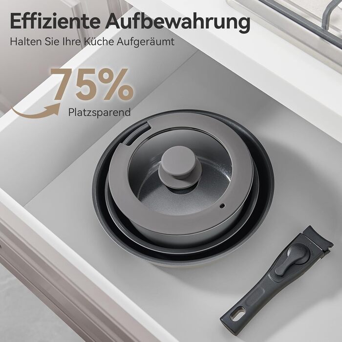 Набір посуду 9-ти частинний з знімним ручками, антипригарне покриття, для всіх типів плит, включаючи індукційні, сумісний з духовкою (сірий)