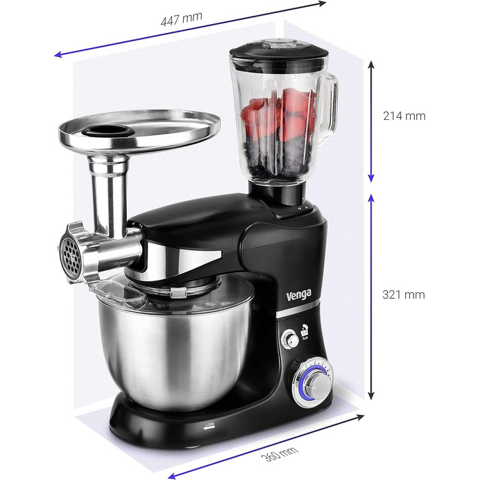 Кухонна машина Venga VG M 3014 з чашею 5 л з нержавіючої сталі, 1000 Вт, 4 насадки, рецепти, чорний колір