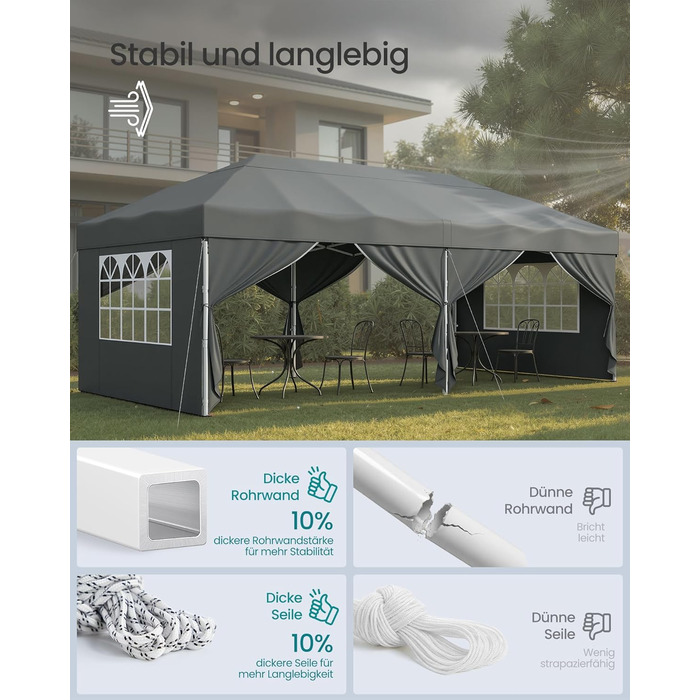 Павільйон SONGMICS 3x3 м, садовий, для відпочинку та заходів, сірий, з 6 боковинами