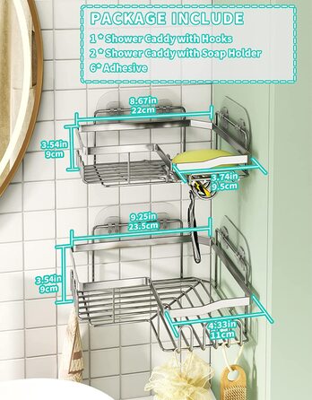 Душова кабіна HapiRm, душова кабіна без свердління, кутова душова кабіна з 11 гачками мильниця і тримач для бритви, душова кабіна з нержавіючої сталі для кухні у ванній, душова кабіна з 6 клеями, 2 шт. (срібло, 01)