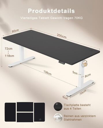 Стіл для роботи стоячи та сидячи, регульований по висоті, 160x80 см, з USB зарядкою, 3-позиційна пам'ять, антиколізійна система, комп'ютерний стіл, чорний+білий