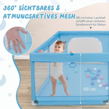 Дитячий манеж, 200 x 180 см манеж з 50 м'ячами та 4 ручками та люлькою, складний манеж з дихаючою сіткою, для немовлят і малюків 0-36 місяців (синій)